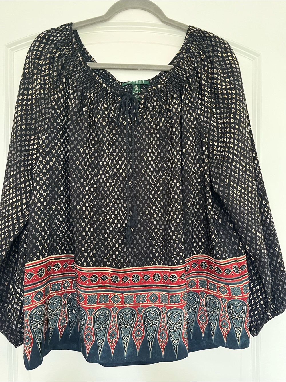 Lauren Ralph Lauren Women’s XL Navy Red Tan Boho Border-Print Peasant Top